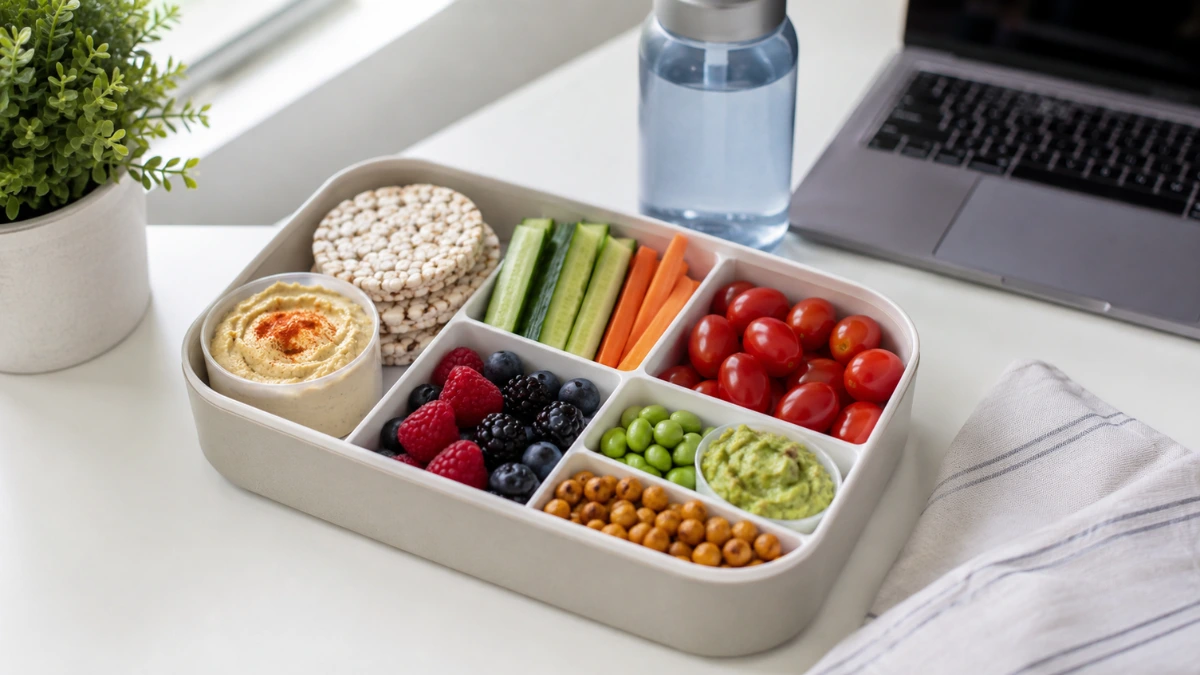 colorful vegan and gluten free lunch ideas packed in a bento-style lunchbox with hummus vegetables rice cakes and fruit