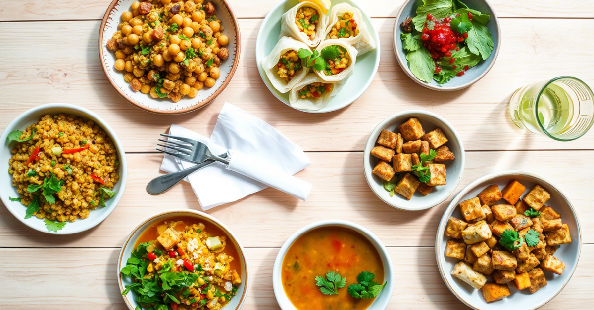 "Vegan and gluten free lunch ideas spread featuring quinoa bowl, avocado boats, rice paper rolls, lentil soup, and tofu stir-fry on a light wooden table."
