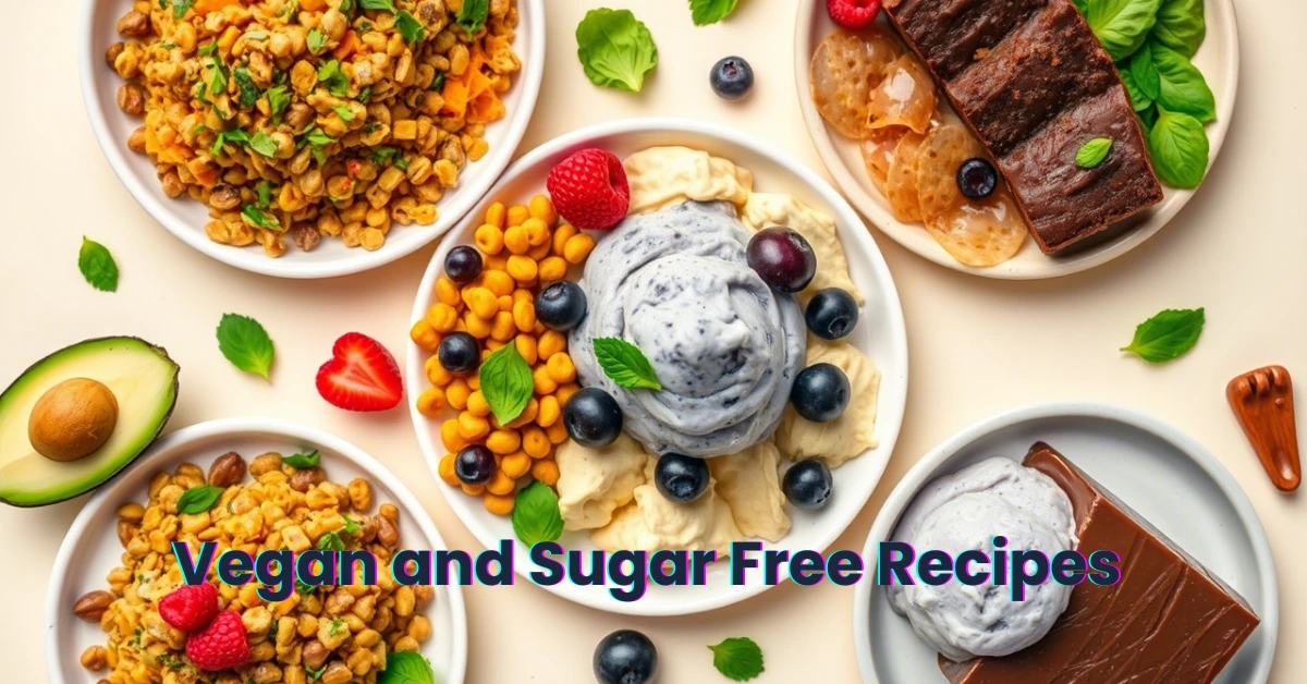 Collage of vegan and sugar free recipes including lentil nachos, pumpkin alfredo, and chocolate cake