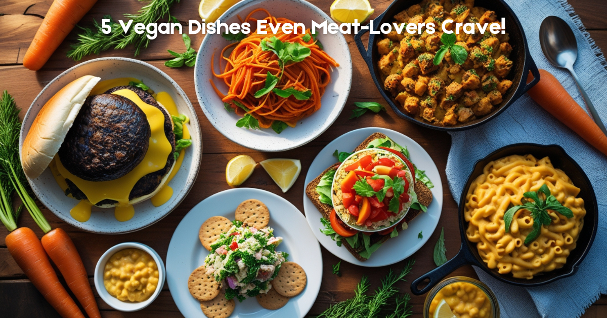 "Irresistible vegan dishes for non-vegans spread - Portobello burgers, creamy pasta, carrot sandwiches, chickpea tuna salad and mac & cheese that meat-lovers adore"