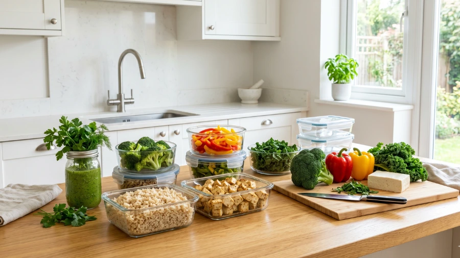 vegan meal prep kitchen setup containers tools
