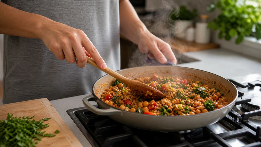 vegan one pot meals for busy people cooking in kitchen