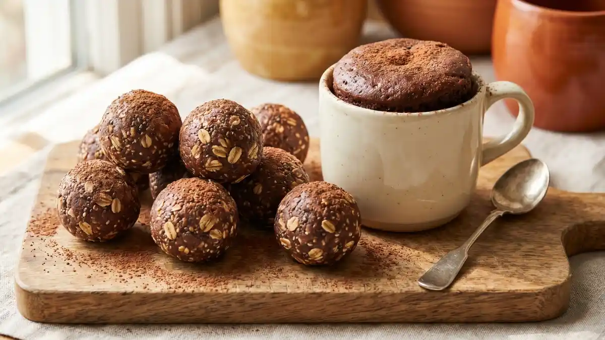 vegan protein energy balls chocolate mug cake