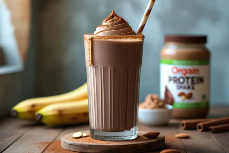 “Vegan sugar-free chocolate protein shake with almond butter and cinnamon”.