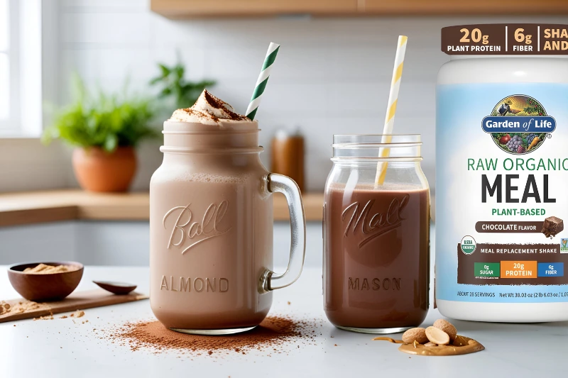 A creamy chocolate shake with peanut butter swirl, next to Garden of Life Meal Replacement Chocolate Powder.