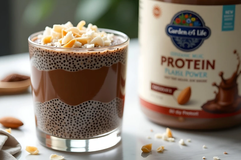 Chocolate chia pudding with coconut flakes, next to Garden of Life Chocolate Protein Powder.