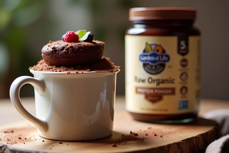 A chocolate mug cake with cocoa dusting, next to Garden of Life Chocolate Protein Powder.