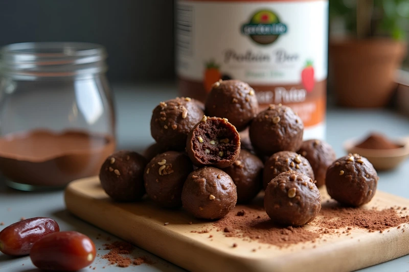 Chocolate energy balls on a wooden board with Garden of Life Unflavored Protein Powder and cocoa powder.