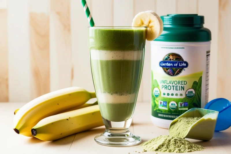 A perfect Garden of Life Protein Powder Recipes showing green smoothie with spinach and banana in a glass, next to a shaker bottle and Garden of Life Unflavored Protein Powder.