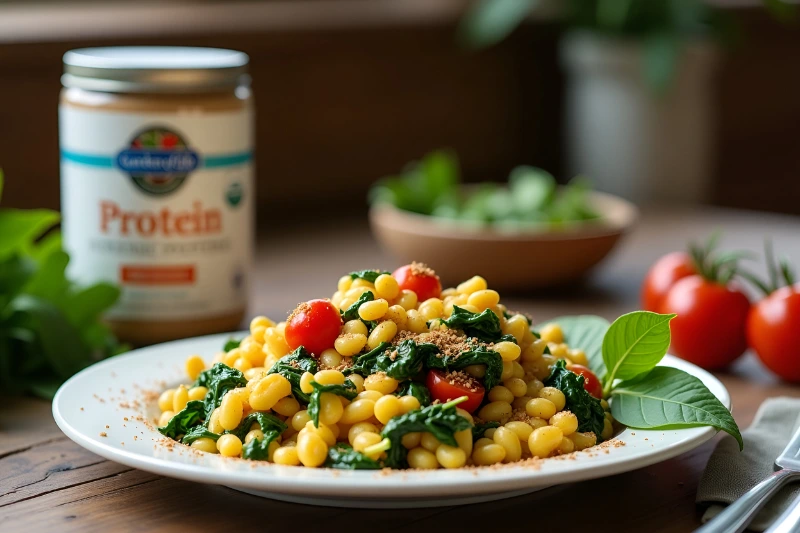 Savory veggie scramble with spinach and tomatoes, sprinkled with Garden of Life Unflavored Protein Powder.