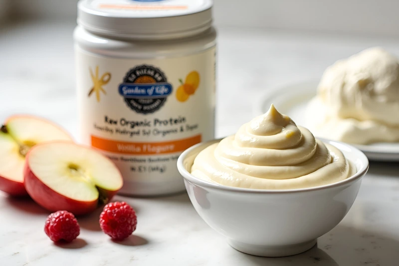 Vanilla fruit dip with apple slices and berries, next to Garden of Life Vanilla Protein Powder.