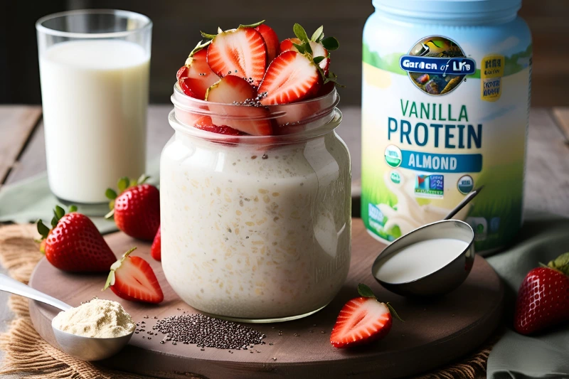 Vanilla overnight oats with strawberries in a jar, next to Garden of Life Vanilla Protein Powder and almond milk.