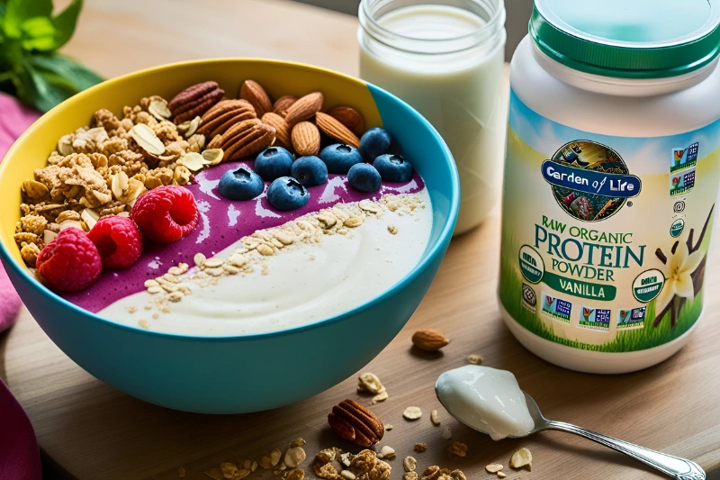 Vanilla smoothie bowl with granola and berries, next to Garden of Life Vanilla Protein Powder.