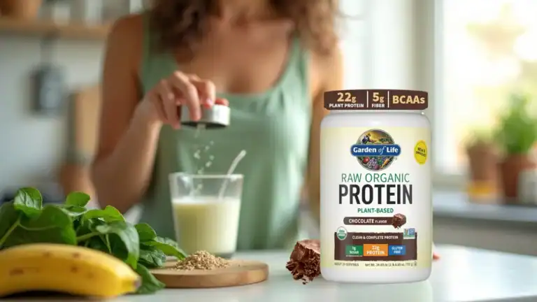 "Person blending smoothie with gluten free dairy free protein powder in kitchen"