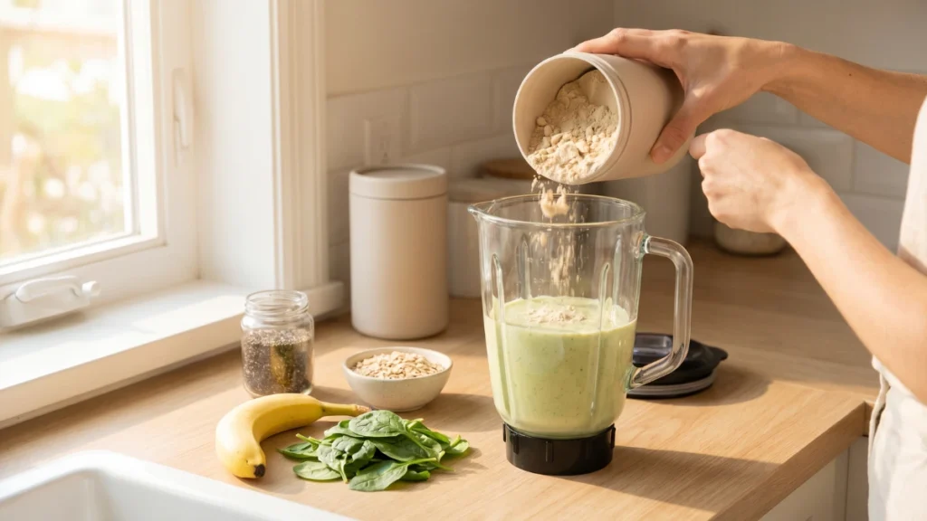 Vegan protein smoothie preparation for digestion and healthy plant-based lifestyle