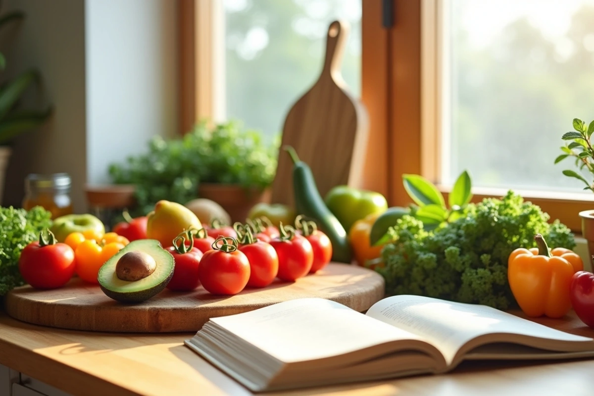 Fresh plant-based ingredients on kitchen counter — promoting vegan wellness lifestyle