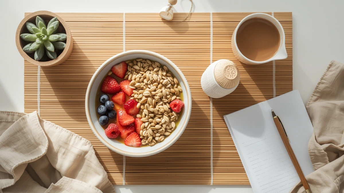 Vegan lifestyle and mindfulness practice breakfast scene with eco-friendly swaps for vegan lifestyle, cruelty free vegan cleaning products, and sustainable living tips for vegans.