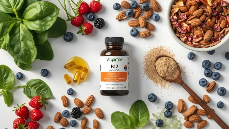 Vegan supplements for wellness with fresh plant-based foods.