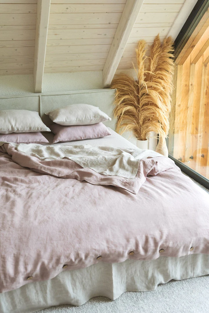 AmourLinen dusty rose linen duvet cover, romantic vegan bedding for cozy sleep