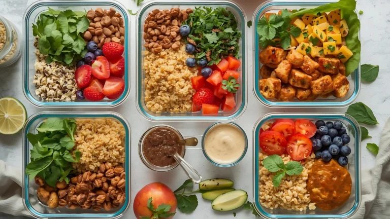 Vibrant overhead shot showcasing How to Get Protein When Gluten and Dairy Free through high-protein meal prep containers filled with quinoa bowls, lentil salads, tofu scramble, and plant-based smoothies alongside measuring cups and nutrition labels.